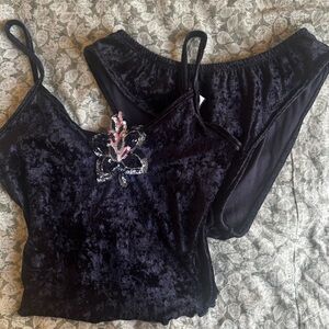 Vintage Black Velour Lingerie Nightie Set with Sequin Floral Detail